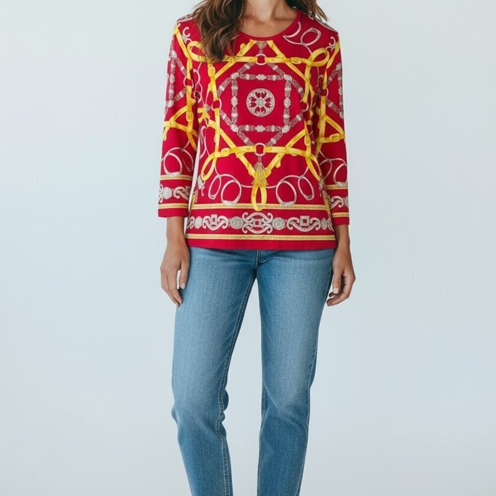 J Mclaughlin Catalina Cloth Size Medium Red Eequestrian Chain Signature Tee